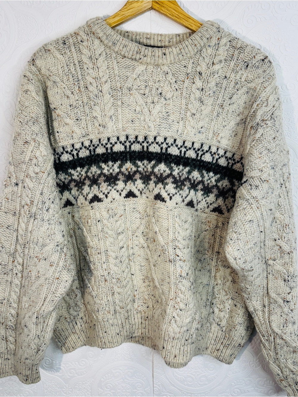 Inis Crafts Sweater Men' sz L Beige Merino Wool Cable Knit Ireland MINT